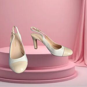 Franco Sarto Cream and Tan Patent Sling Back Heels 8.5